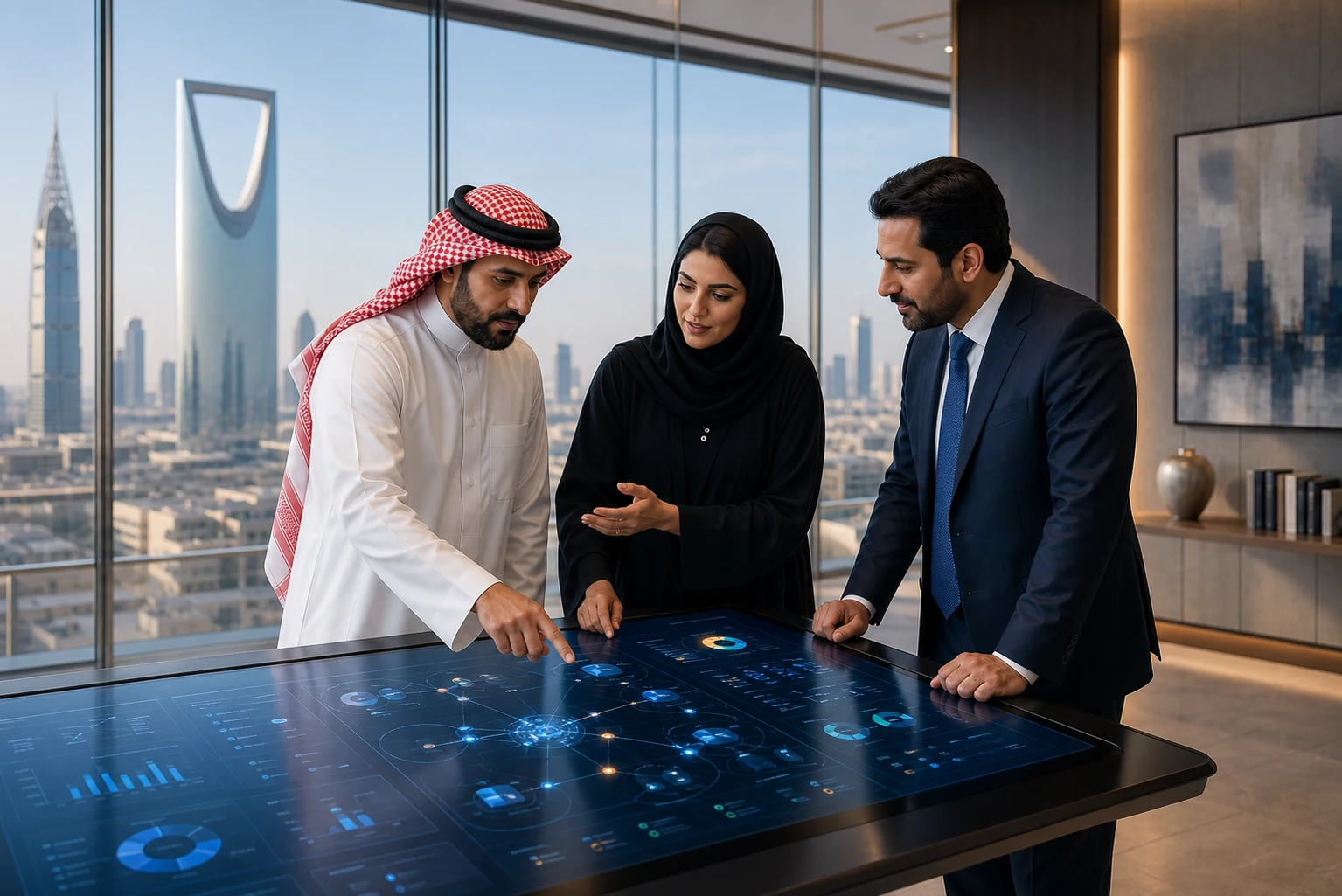 A Saudi partner team reviewing communications, intelligence and automation opportunities in Riyadh