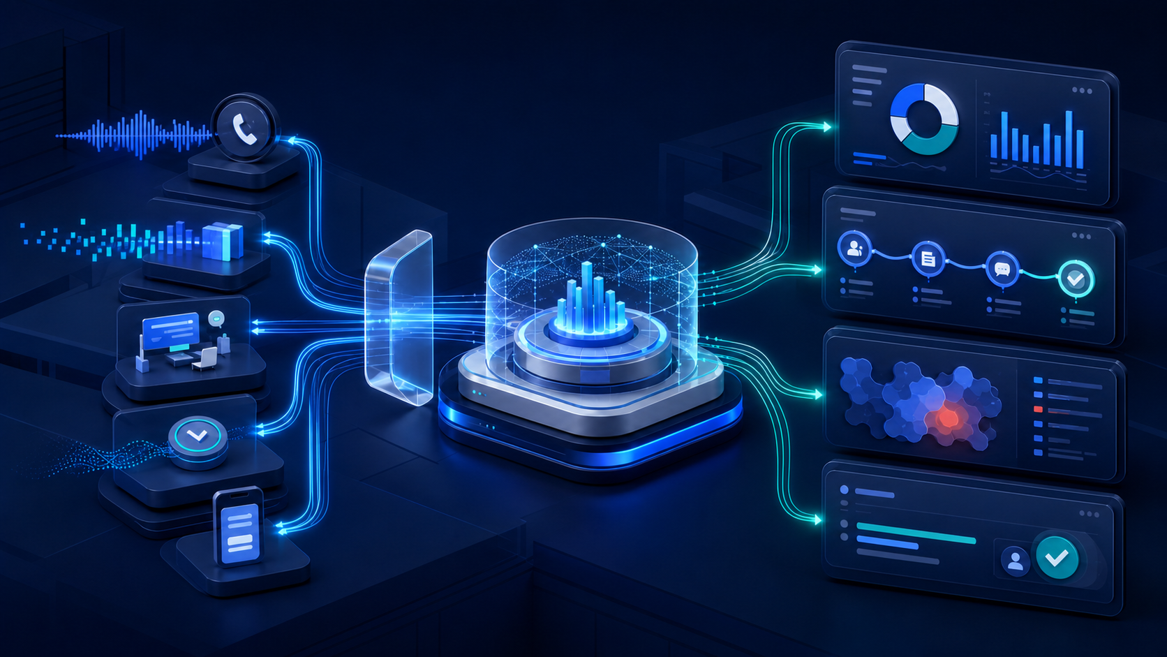 Talaphony operating signals and service channels connected to a beneficiary-experience intelligence core, decision views and improvement actions