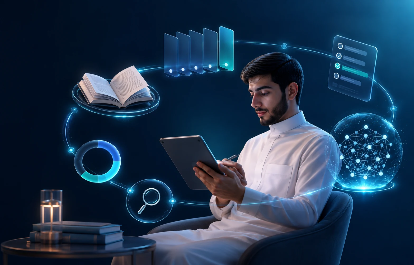 A university student learning through connected digital books, practice, progress and artificial intelligence