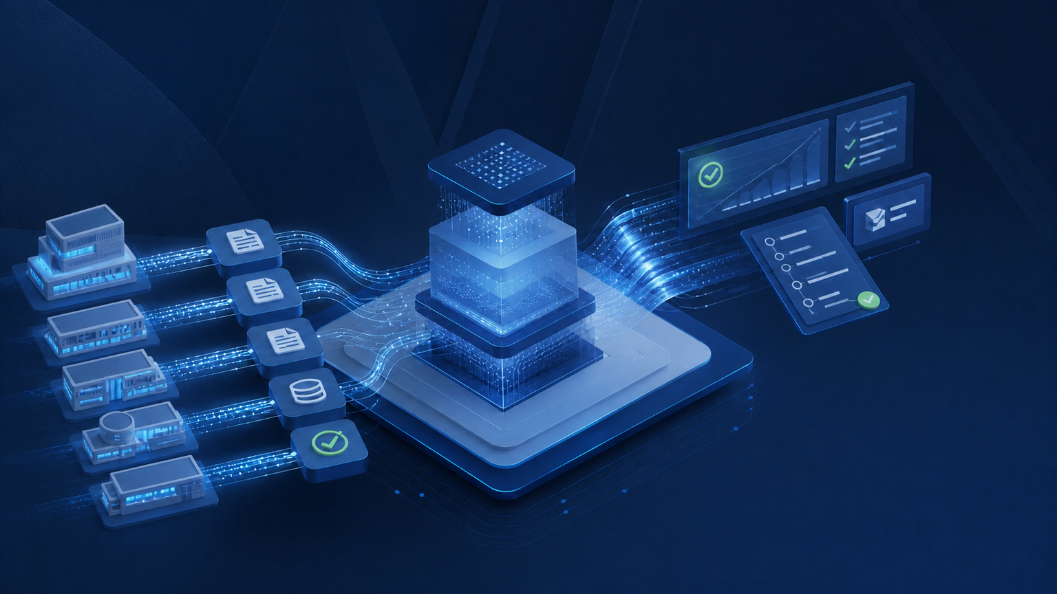 Institutional evidence sources connected to an organization and analysis core, then to readiness and review dashboards